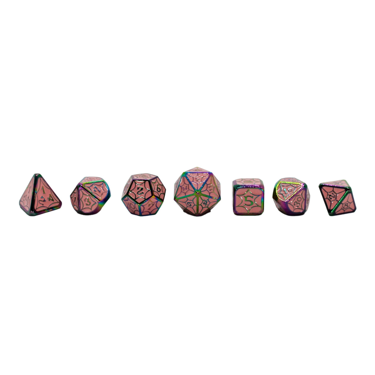 Metal Pink Enamel Rainbow Spider Web Dice Set with Display Box