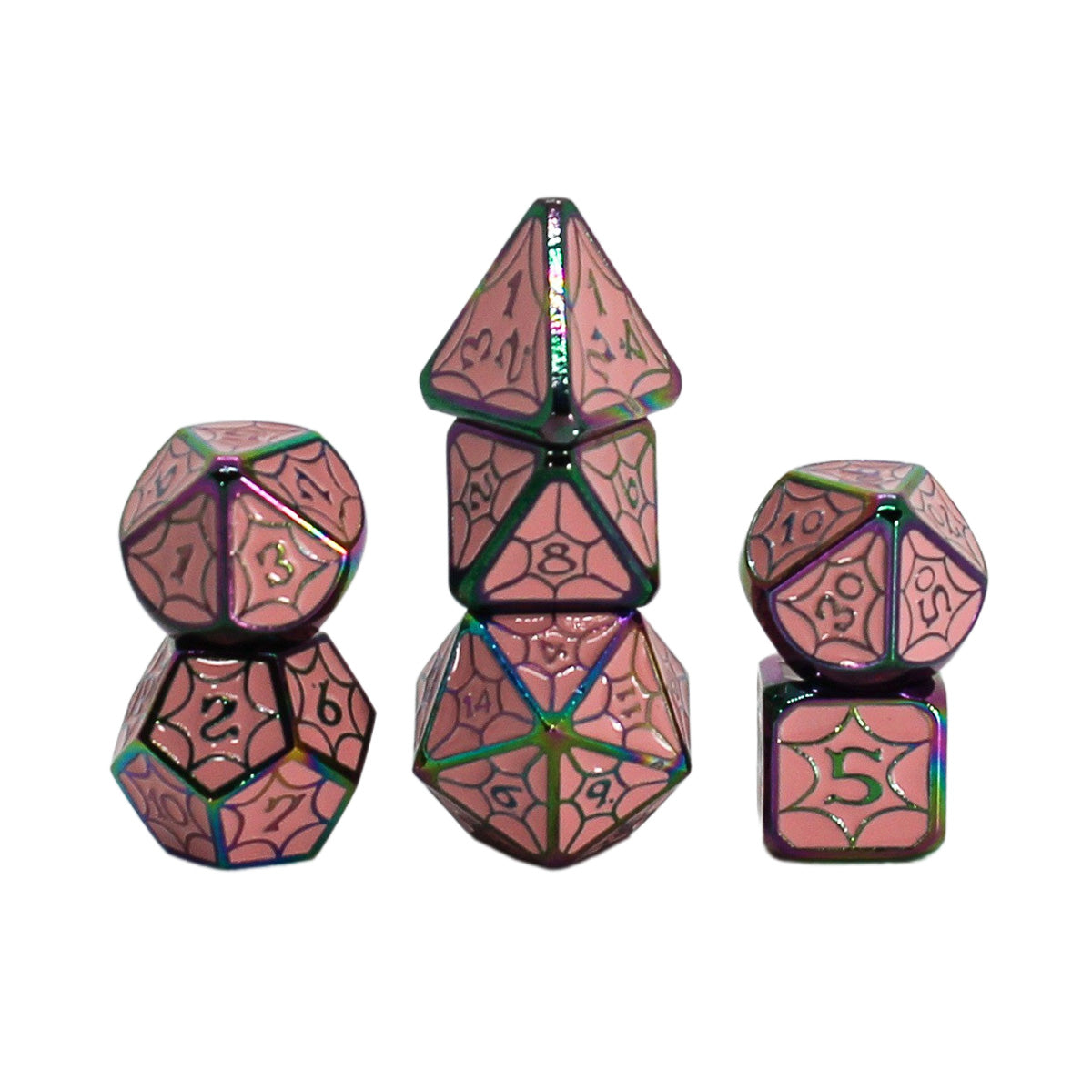 Metal Pink Enamel Rainbow Spider Web Dice Set with Hexagon Display Box