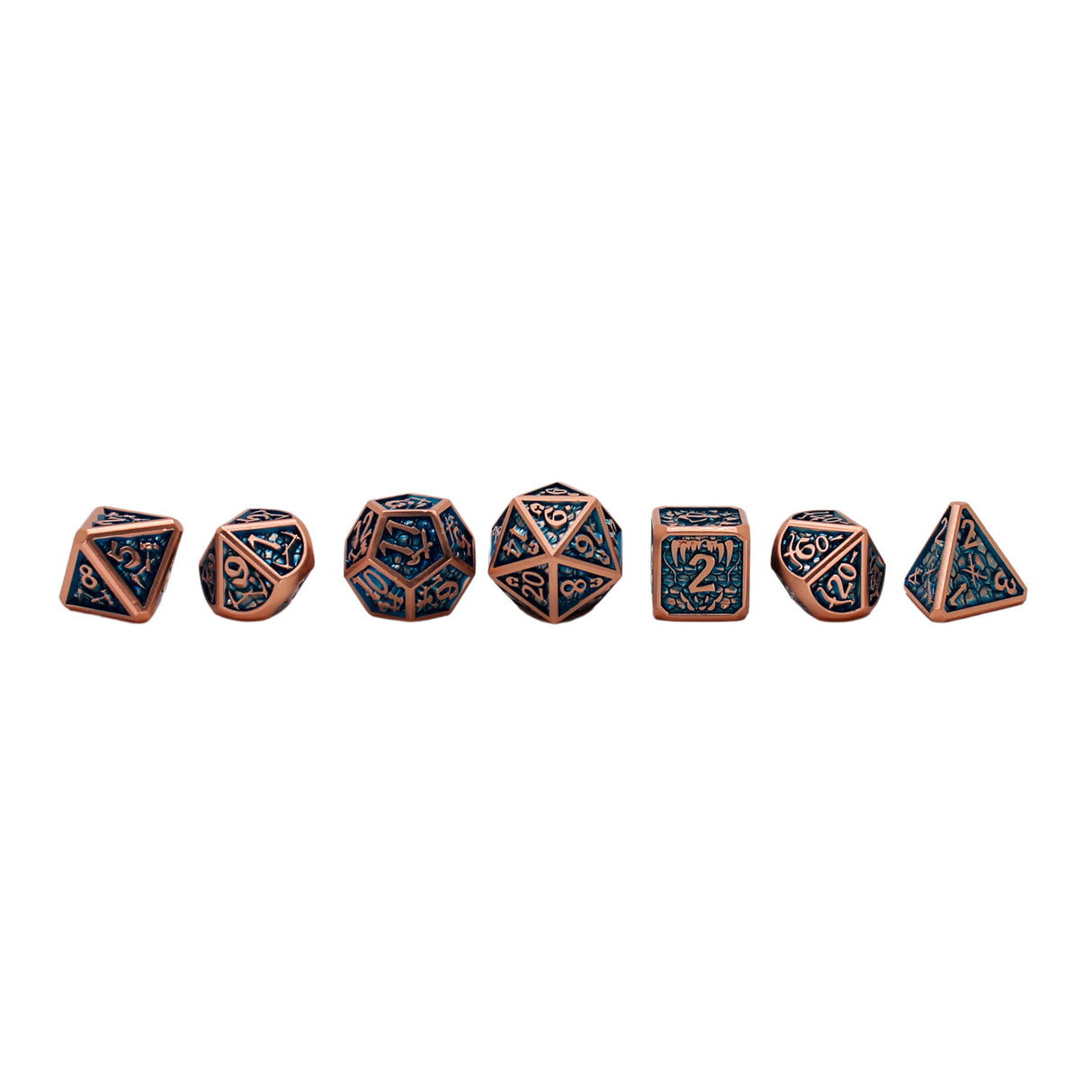Metal Blue and Copper Dice Set with Hexagon Display Box
