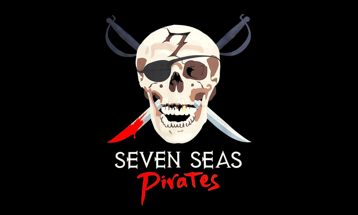 Seven Seas Pirate Flag - Skull and Crossbones Black Background