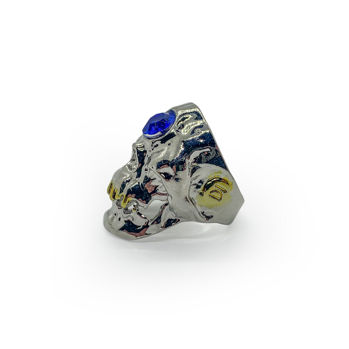 Skull Ring with Blue Gemstone and Gold Teeth