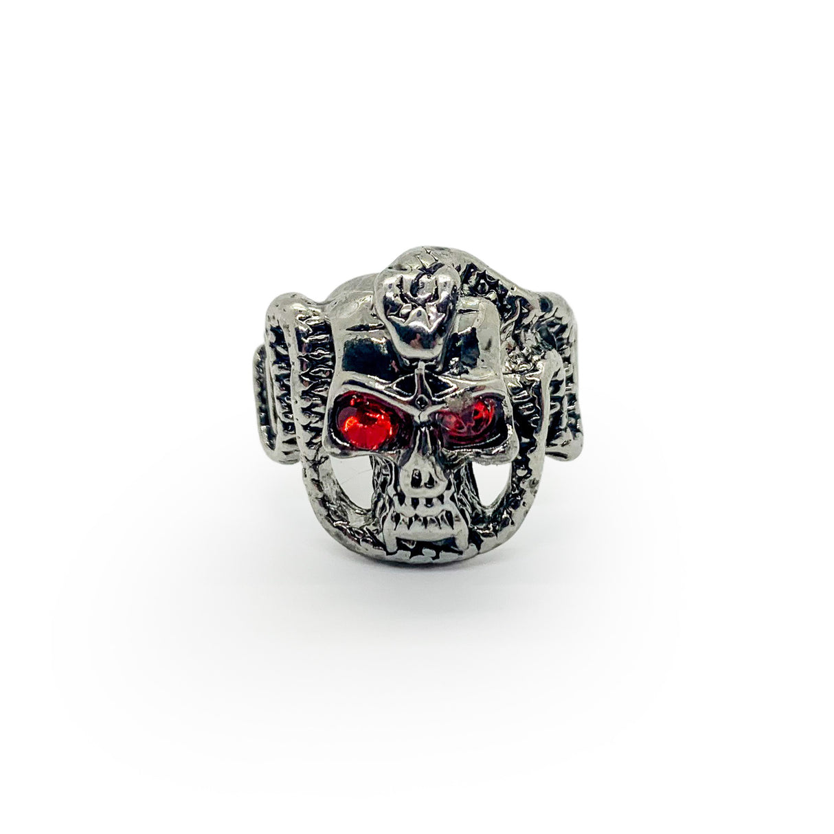 Cobra Skull Stainless Steel Ring with Red Ruby Inlay