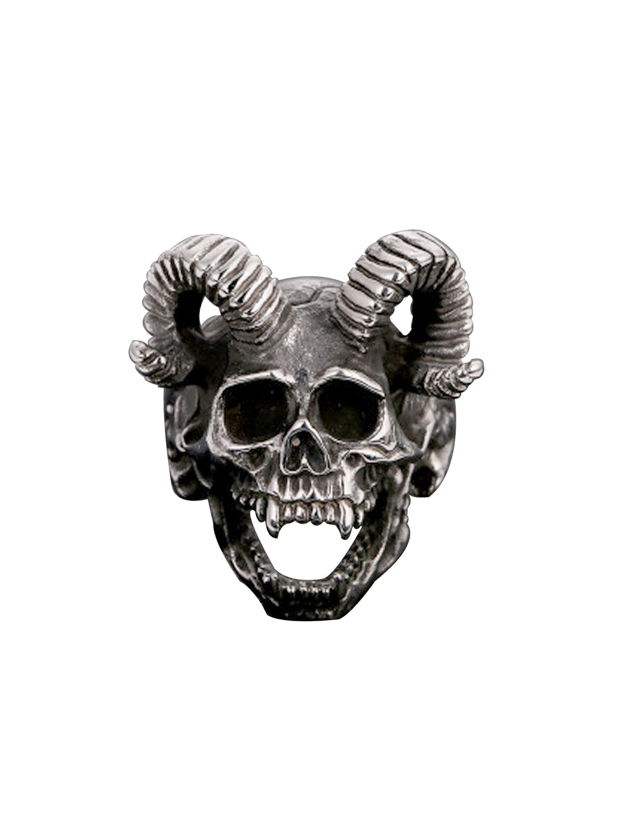 Full Ram Horns Devil Skull Ring With Sharp Teeth Stainless Steel