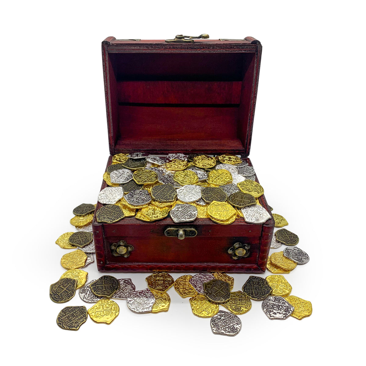 Wooden Pirate Chest with Mixed Coins Sevenseaspirates