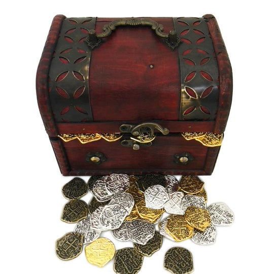 Lot of 200 Toy Metal Mixed Pirate Coins with Treasure Chest