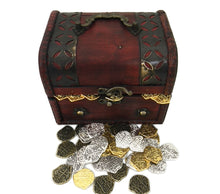Load image into Gallery viewer, Wooden Pirate Treasure Chest with Lot of 50 Mixed Coins