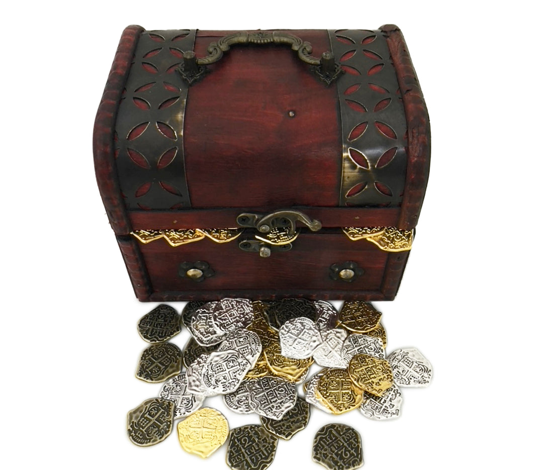 Wooden Pirate Treasure Chest with Lot of 50 Mixed Coins