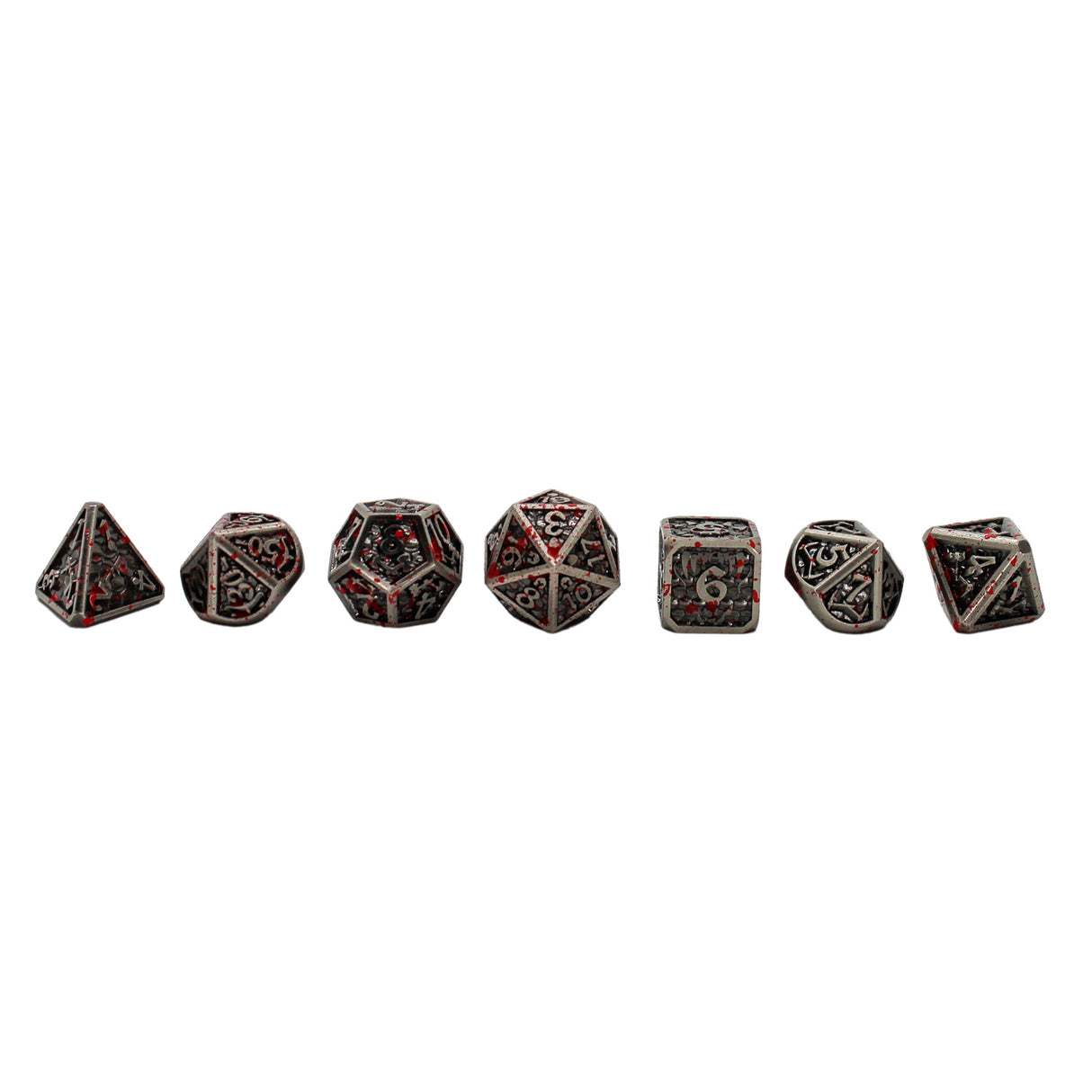 Metal Blood-Like Paint Splattered Design Antique Silver Dice Set with Hexagon Display Box