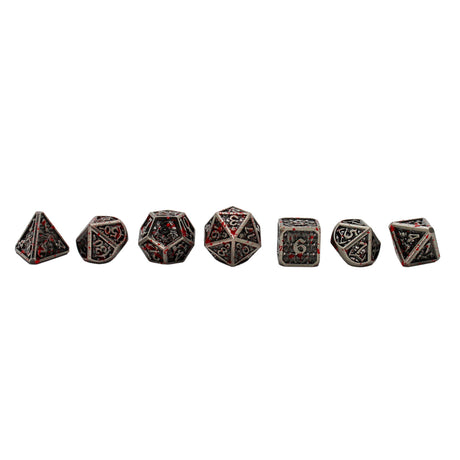 Metal Blood-Like Paint Splattered Design Antique Silver Dice Set with Hexagon Display Box