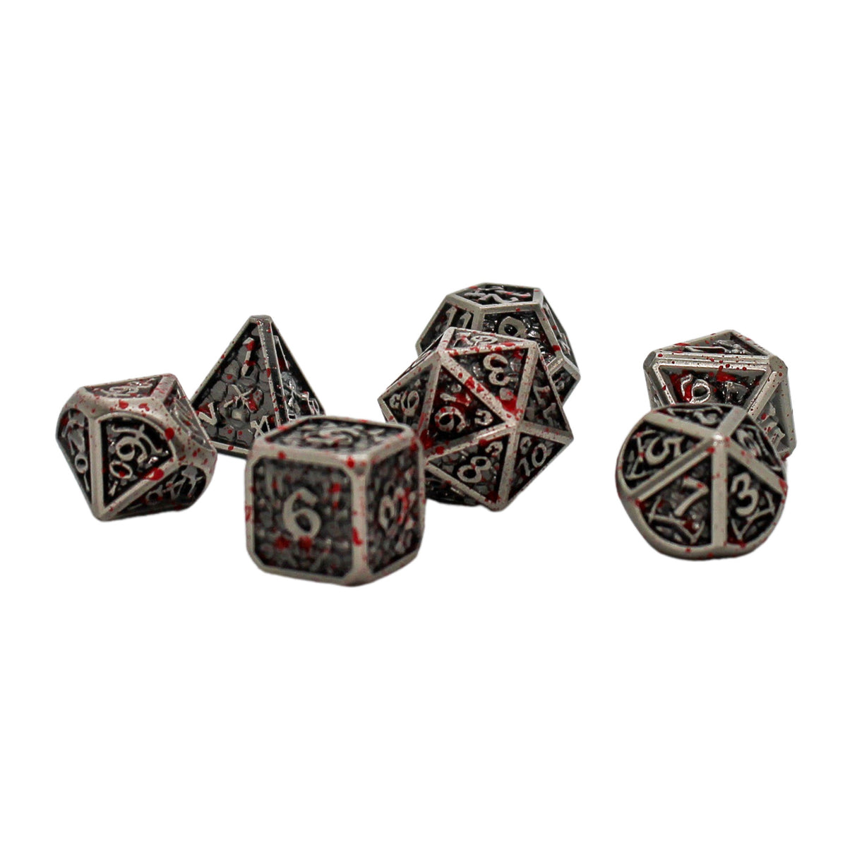 Metal Blood-Like Paint Splattered Design Antique Silver Dice Set with Display Box