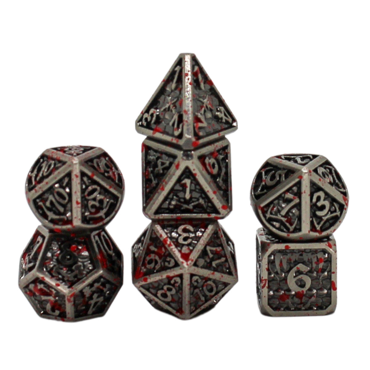 Metal Blood-Like Paint Splattered Design Antique Silver Dice Set with Display Box