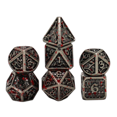 Metal Blood-Like Paint Splattered Design Antique Silver Dice Set with Display Box