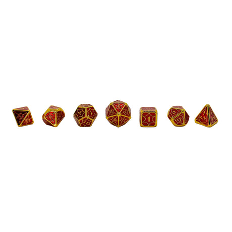 Metal Red and Gold Spider Web Dice Set with Hexagon Display Box
