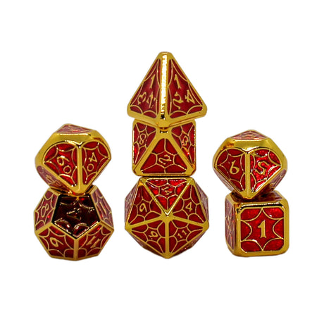 Metal Red and Gold Spider Web Dice Set with Display Box