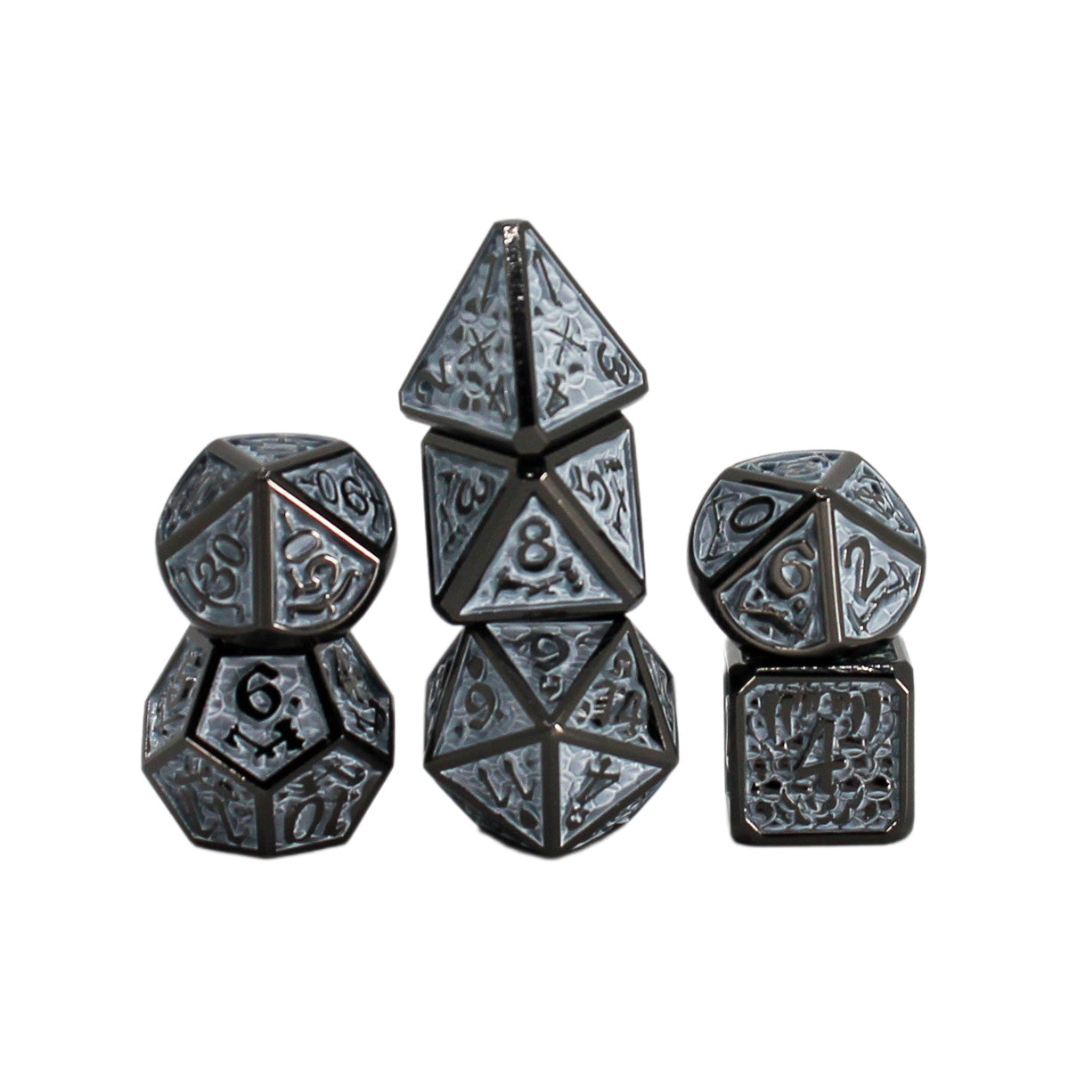 Metal Antique Silver and White Web Dice Set with Hexagon Display Box