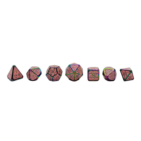 Metal Pink Enamel Rainbow Spider Web Dice Set with Display Box
