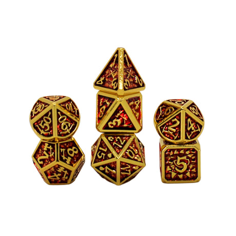 Metal Red and Gold Colored Dice Set with Hexagon Display Box