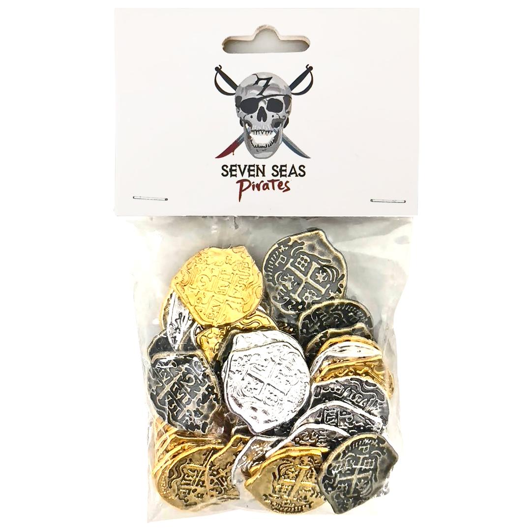 Lot of 200 Toy Metal Mixed Pirate Coins with Treasure Chest