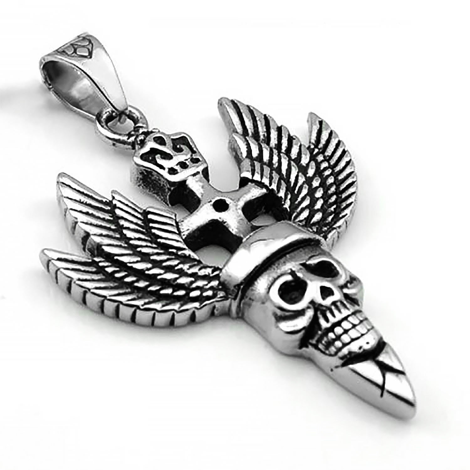 Stainless Steel Pirate Skull with Crown and Wings Pendant Necklace