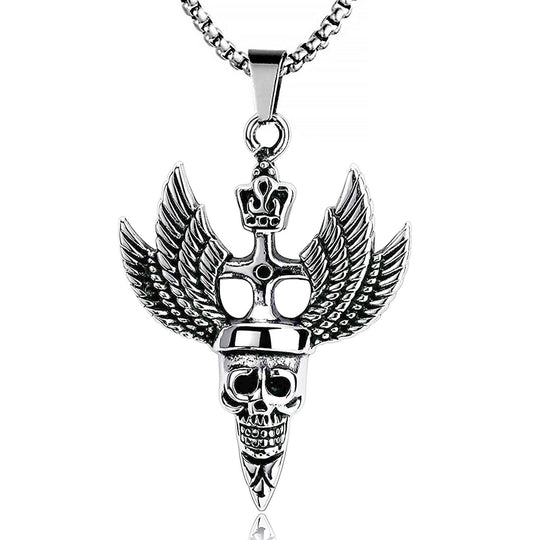 Stainless Steel Pirate Skull with Crown and Wings Pendant Necklace