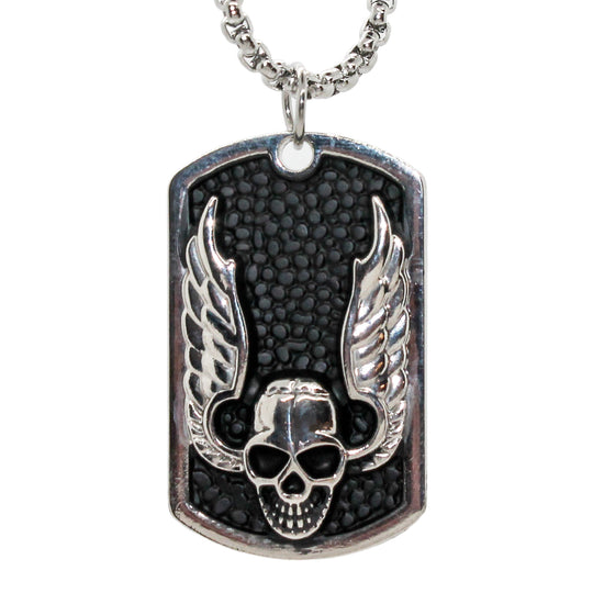 Pirate Skull Black Enamel Dog Tags Stainless Steel Necklace Pendant