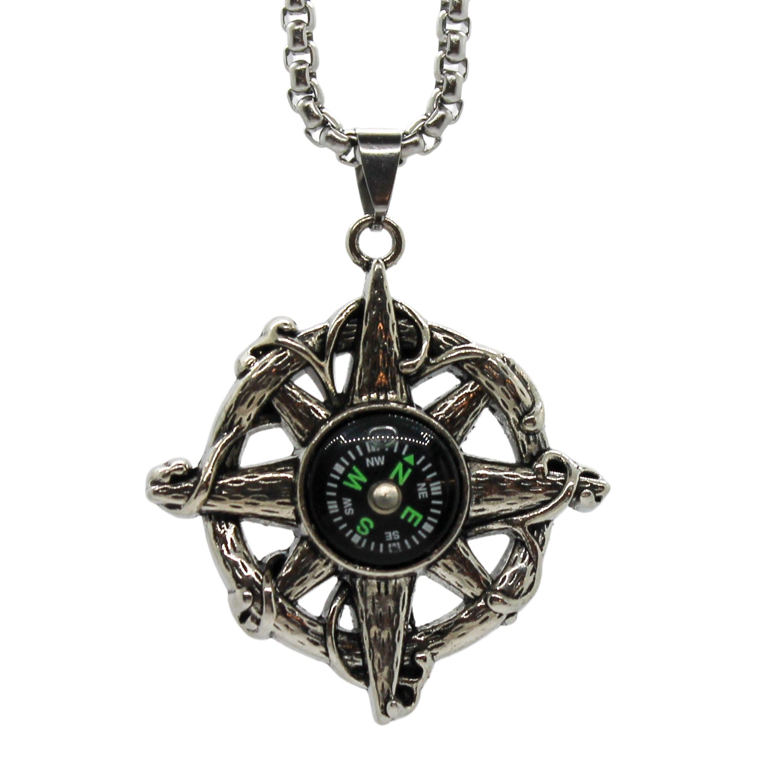Cool Mens Gothic Sun Compass Necklace In Stainless Steel - Retro Pendant With Chain, Great Gift For Dad