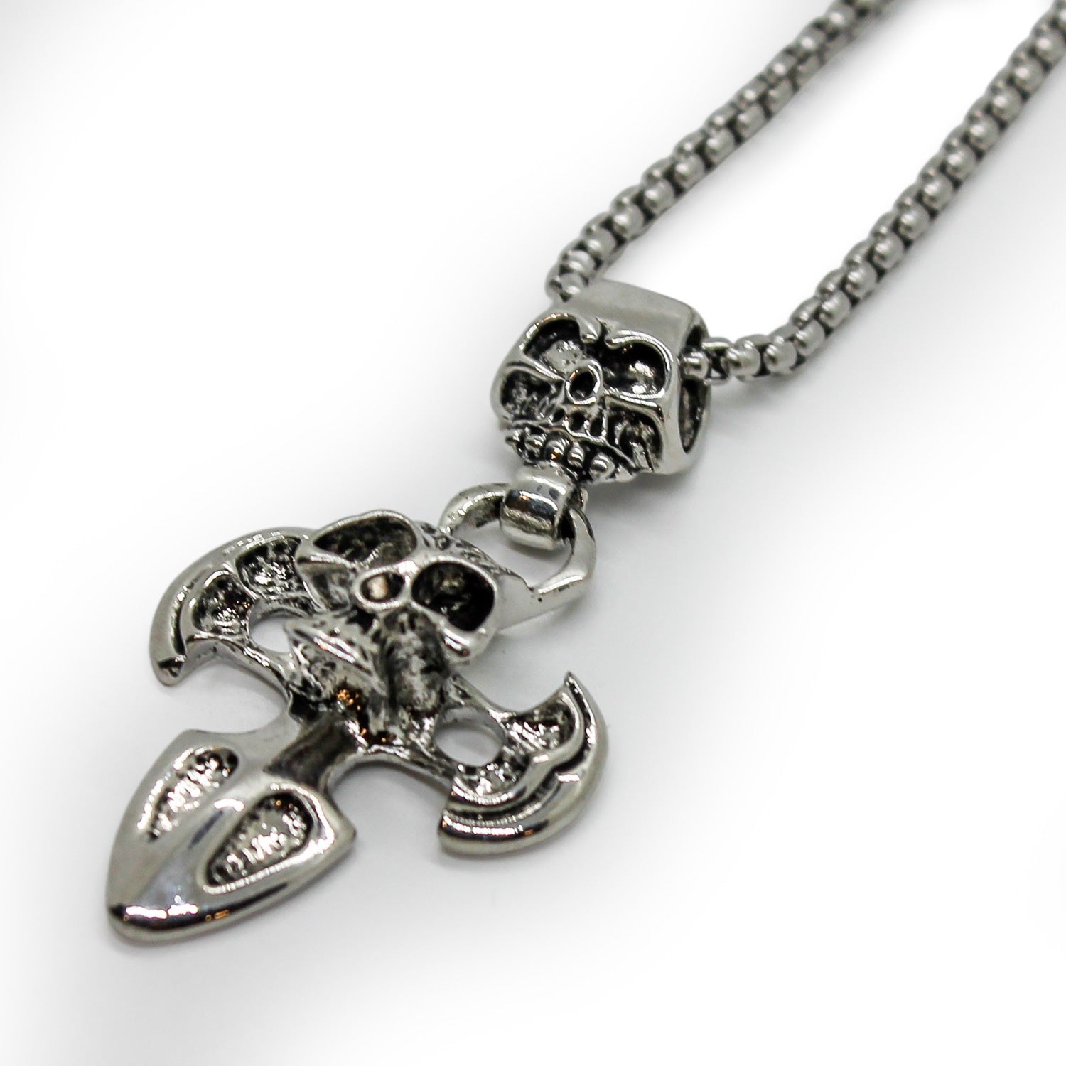 Double Skull Iron Cross Stainless Steel Necklace Pendant