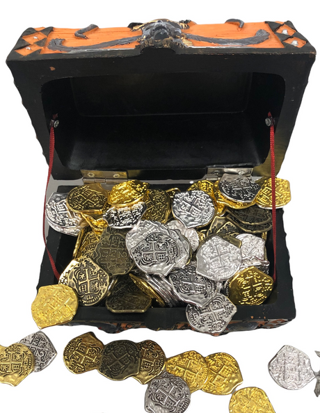 Seven Seas Pirates - Buccaneer Treasure Octopus Chest with Lot of 100 Mixed 5 Color Doubloons - Rogue`s Jewelry Cache Filled Coins for Pretend Games