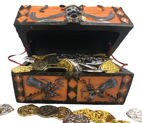 Seven Seas Pirates - Buccaneer Treasure Octopus Chest with Lot of 100 Mixed 5 Color Doubloons - Rogue`s Jewelry Cache Filled Coins for Pretend Games