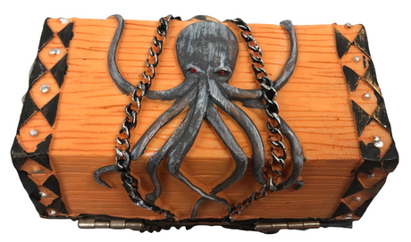 Seven Seas Pirates - Buccaneer Treasure Octopus Chest with Lot of 50 Shiny Gold Doubloons - Rogue`s Jewelry Cache Filled Coins for Pretend Games