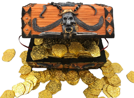 Seven Seas Pirates - Buccaneer Treasure Octopus Chest with Lot of 50 Shiny Gold Doubloons - Rogue`s Jewelry Cache Filled Coins for Pretend Games