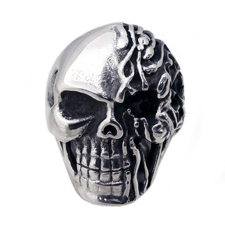 Seven Seas Pirate Flaming Skull Steel Black Enameled Ring (US Size 8 to 13 R176)