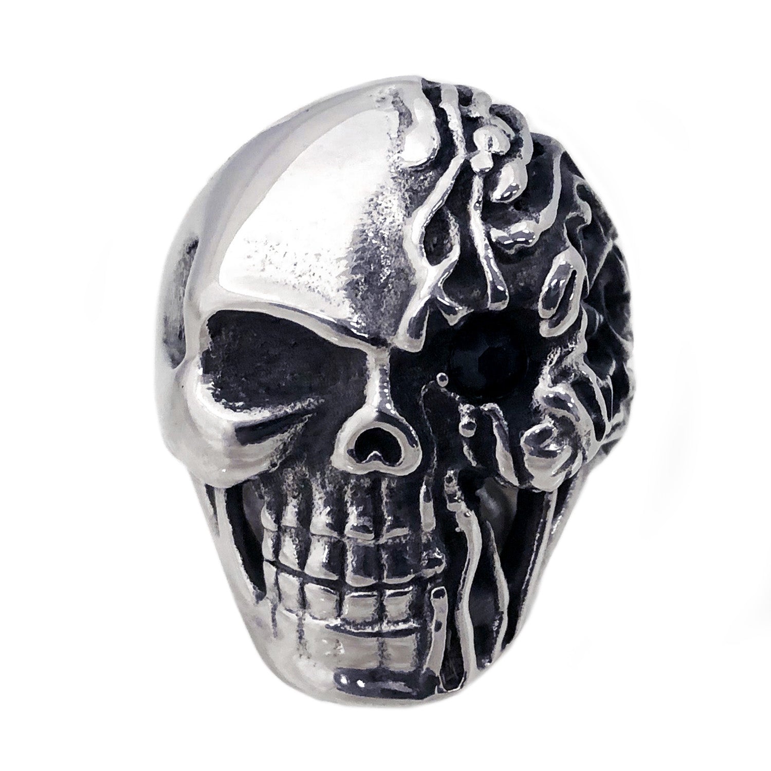 Seven Seas Pirates Flaming Skull Steel Black Enameled Ring (US Size 10 R176)