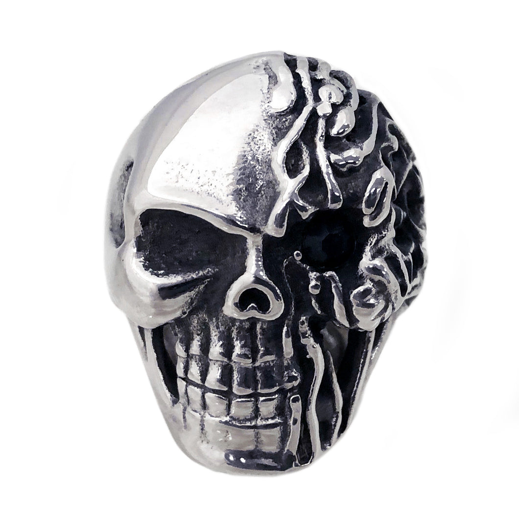 Seven Seas Pirate Flaming Skull Steel Black Enameled Ring (US Size 8 to 13 R176)