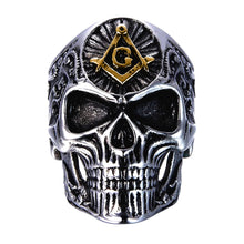 Load image into Gallery viewer, Seven Seas Pirate Mason Skull Steel Black Enameled Silver &amp; Gold Ring US 8 to 13
