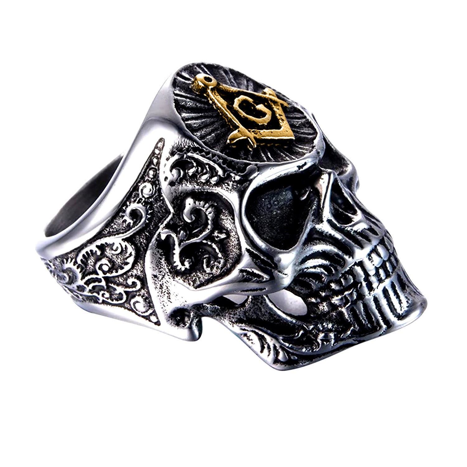 Seven Seas Pirates Mason Skull Steel Black Enameled Silver & Gold Ring US 8