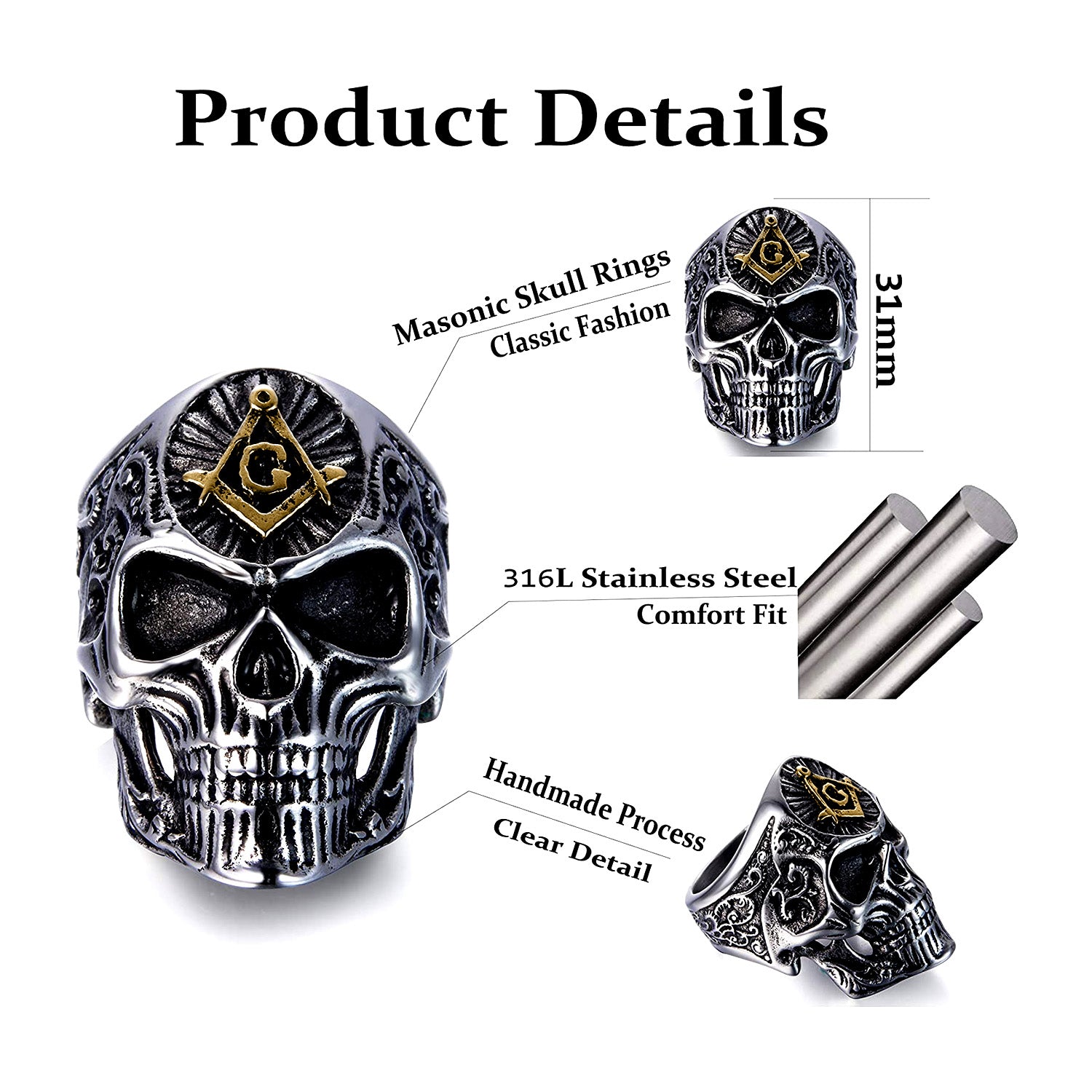 Seven Seas Pirate Mason Skull Steel Black Enameled Silver & Gold Ring US 8 to 13
