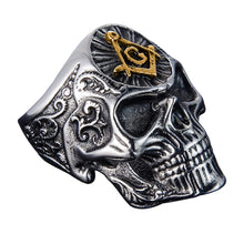 Load image into Gallery viewer, Seven Seas Pirates Mason Skull Steel Black Enameled Silver &amp; Gold Ring US 12