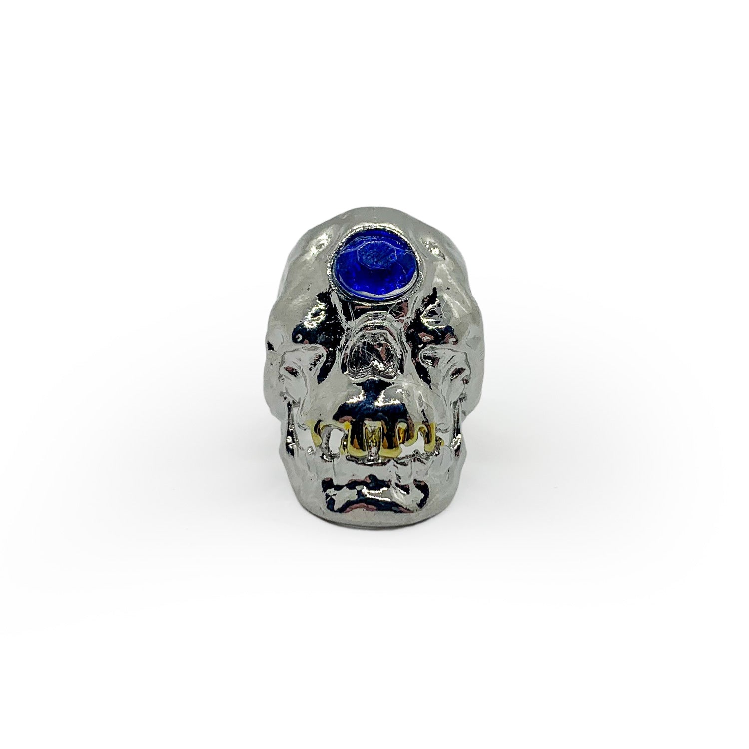 Skull Ring with Blue Gemstone and Gold Teeth - US Size 11