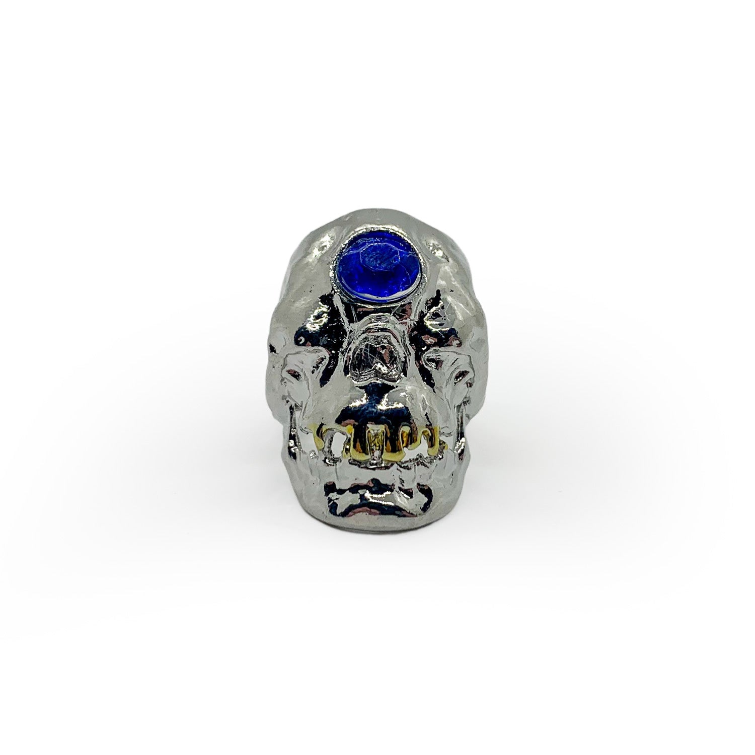 Skull Ring with Blue Gemstone and Gold Teeth - US Size 13