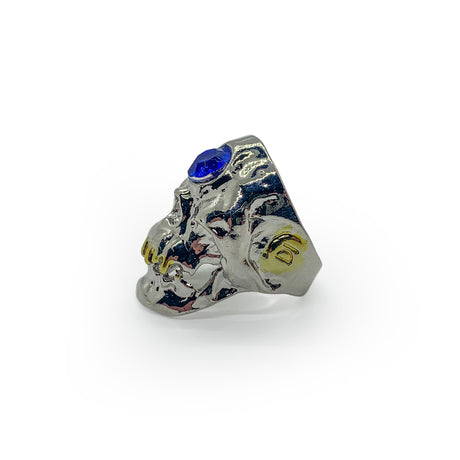 Skull Ring with Blue Gemstone and Gold Teeth
