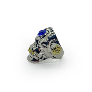Skull Ring with Blue Gemstone and Gold Teeth - US Size 9
