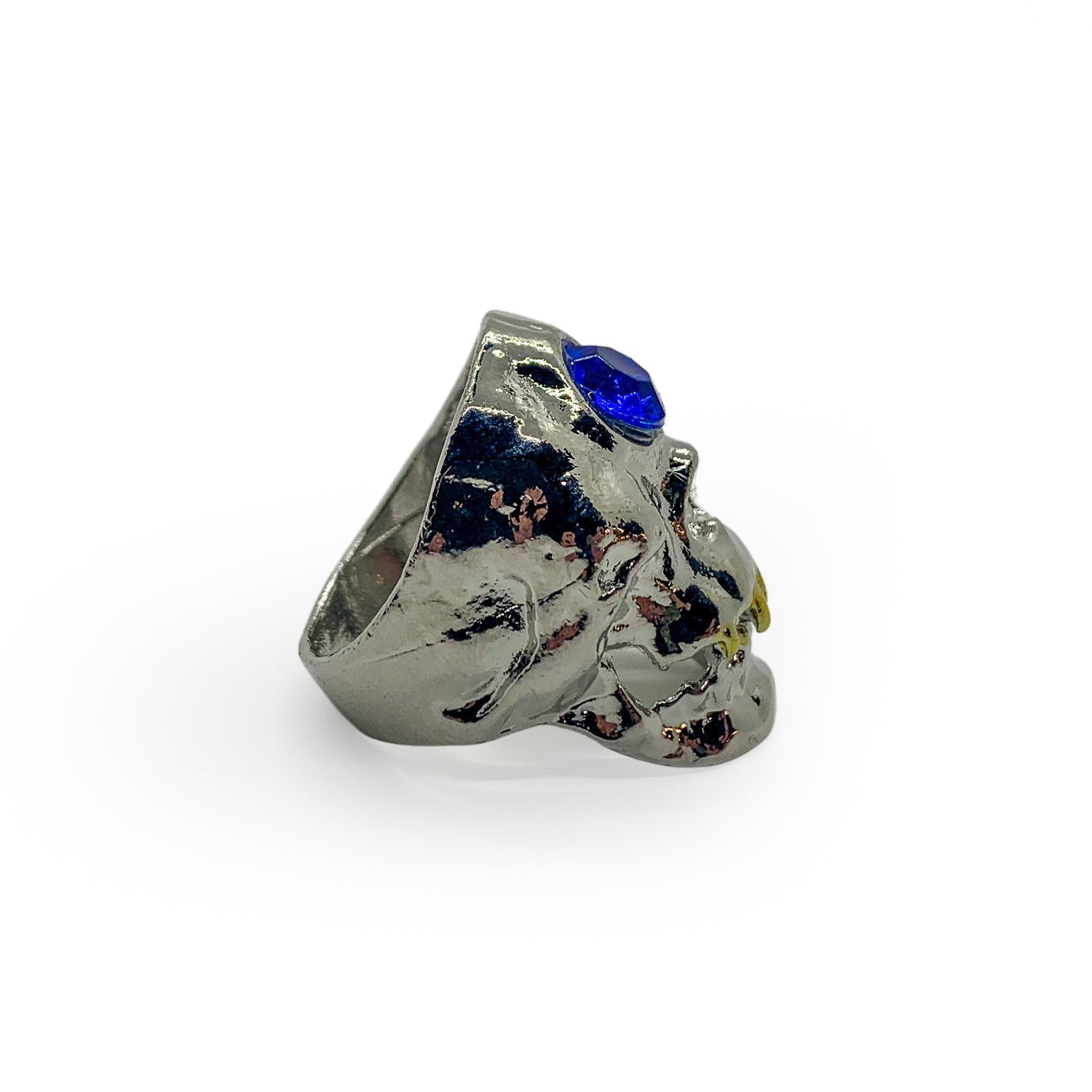 Skull Ring with Blue Gemstone and Gold Teeth - US Size 13