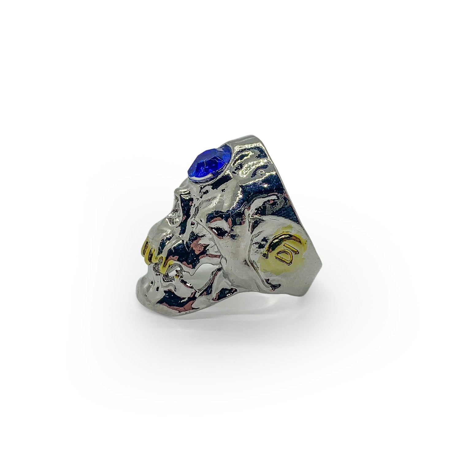 Skull Ring with Blue Gemstone and Gold Teeth - US Size 13