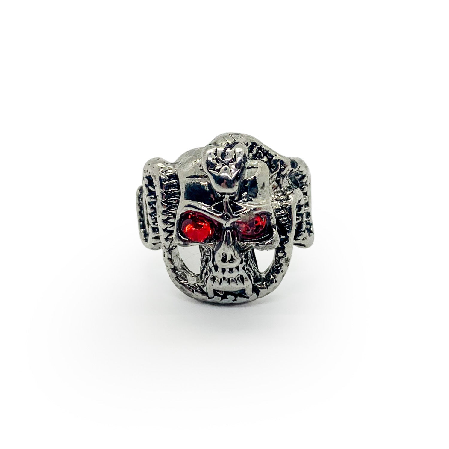Cobra Skull Stainless Steel Ring with Red Ruby Inlay - US Size 13