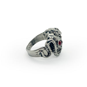 Cobra Skull Stainless Steel Ring with Red Ruby Inlay - US Size 9