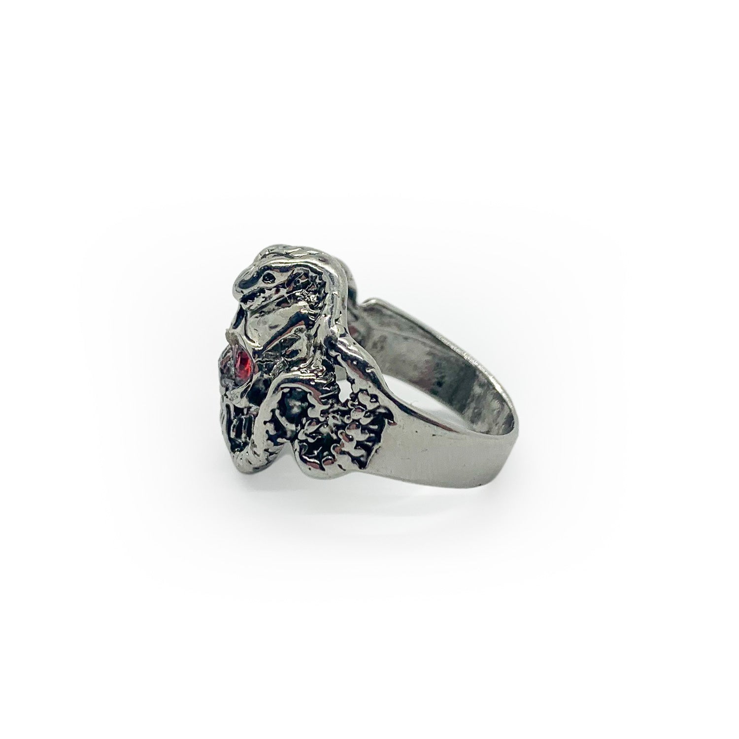 Cobra Skull Stainless Steel Ring with Red Ruby Inlay - US Size 13