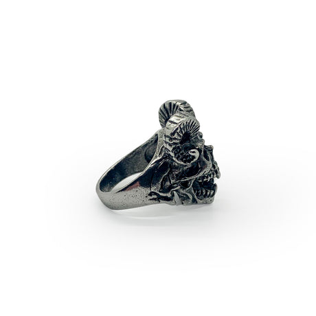 Full Ram Horns Devil Skull Ring With Sharp Teeth Stainless Steel