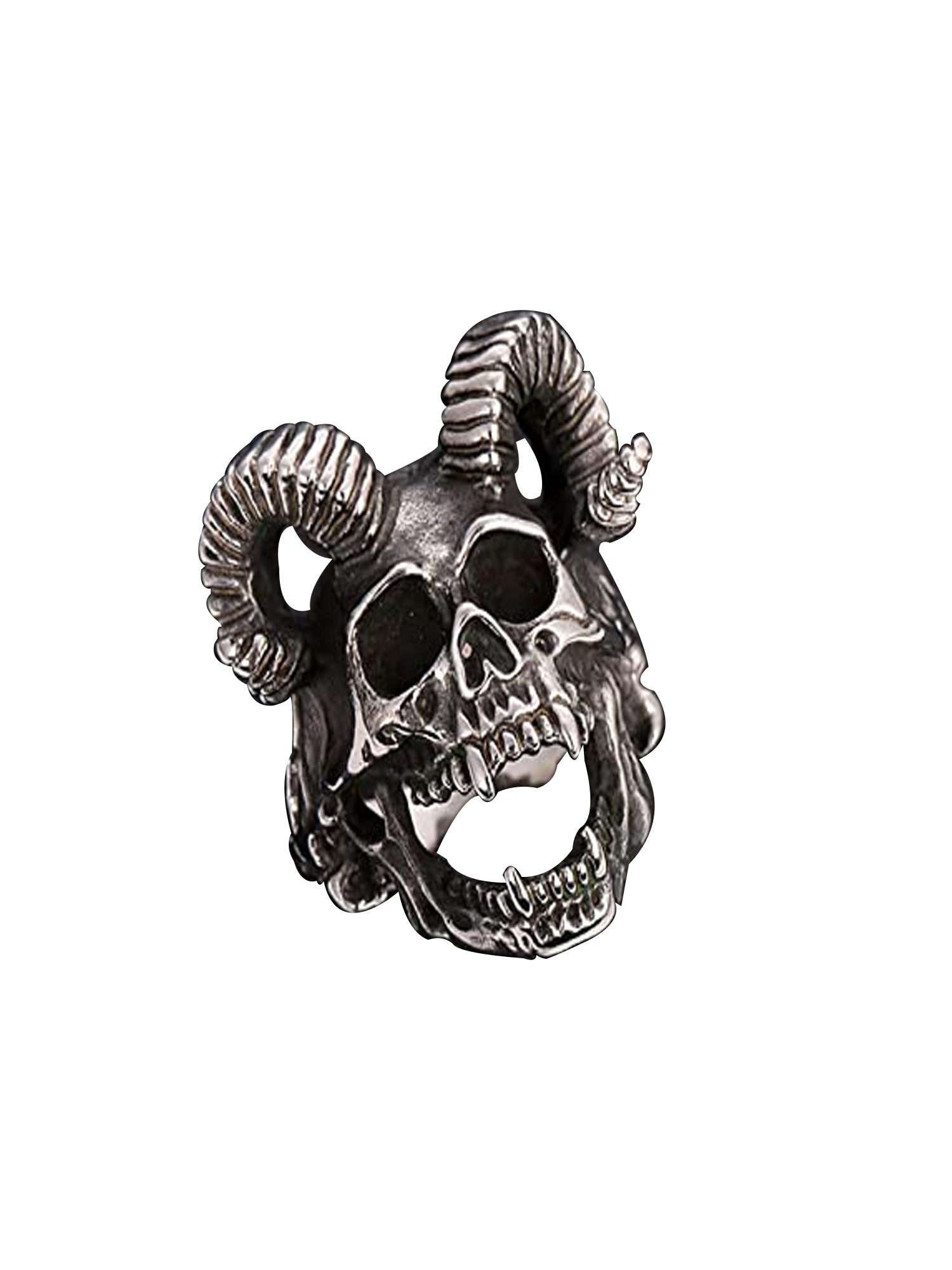 Full Ram Horns Devil Skull Ring With Sharp Teeth Stainless Steel - US Size 11