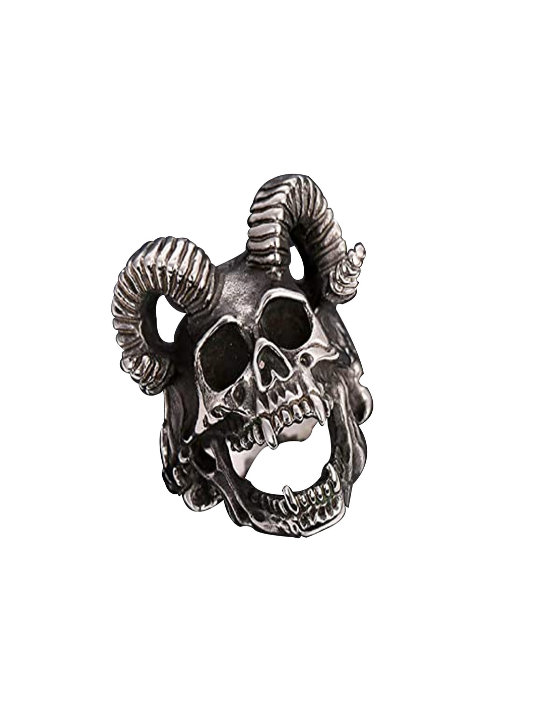 Full Ram Horns Devil Skull Ring With Sharp Teeth Stainless Steel